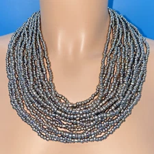 Hematite Beads Semi- Precious 16 Multi-Strand Necklace 22” L Drop Wood 2" Clasp