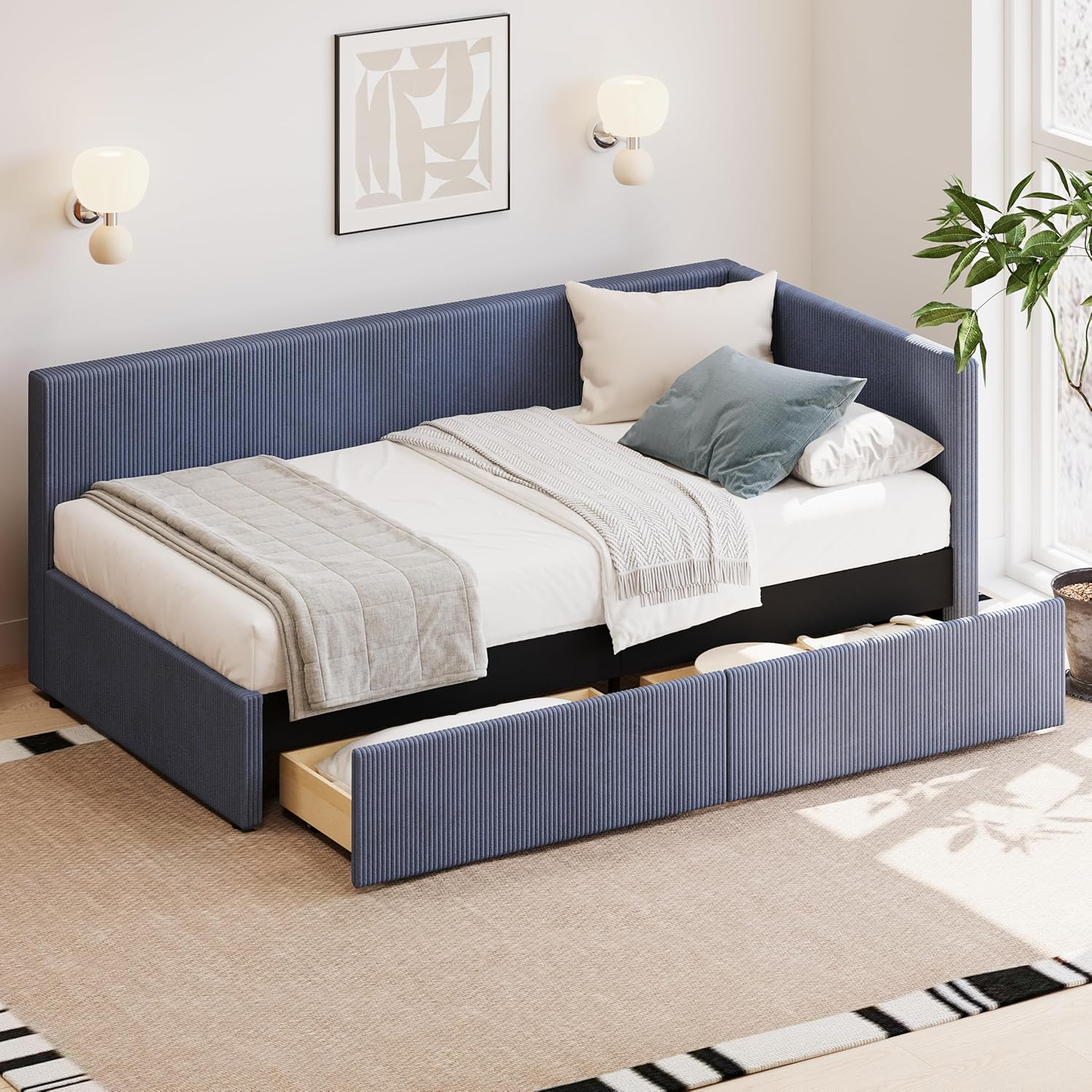 Twin Size L Shape Corner Day Bed, Corduroy Upholstered Daybed with Two Integrate