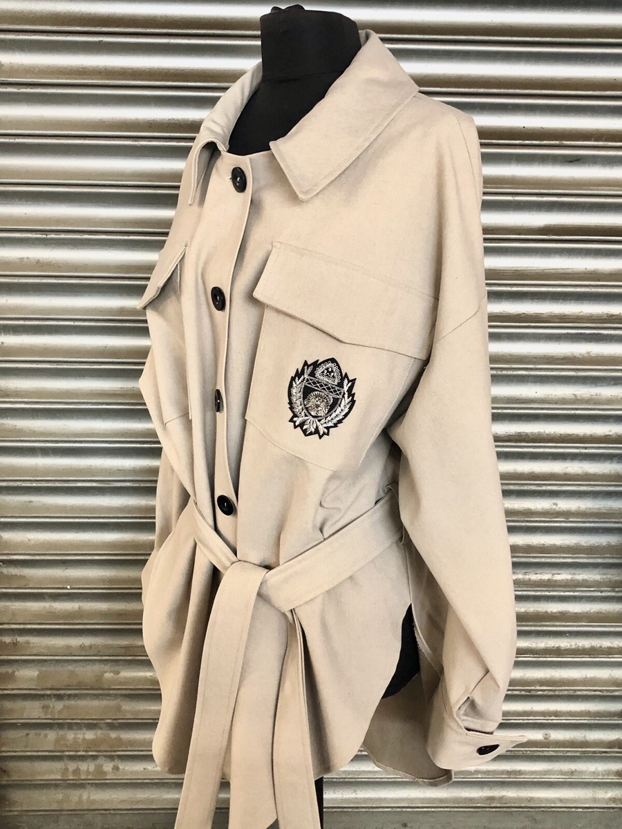 Ladies Oversized Distressed Natural Beige Shacket Shirt Jacket UK 10 12  14 16