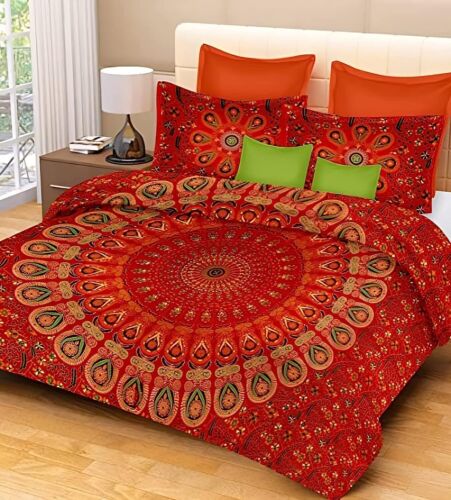 Mandala Jaipuri Printed Bedsheet for Double Bed King Size with 2 Pillow-Red - Picture 1 of 2