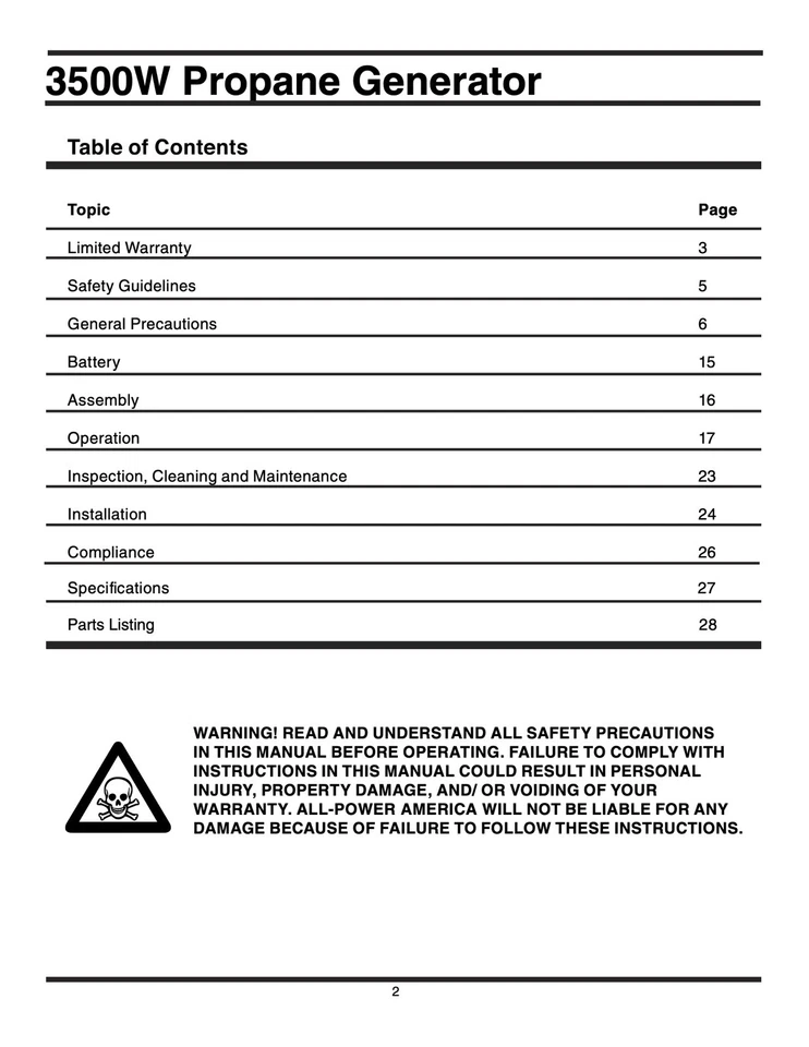 Owners Manual All-Power 3500-Watt Propane Portable Generator - Model APG3535CN - Image 3 of 4