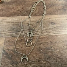 Silver Tone Triple Chain Necklace Earth Vesica Pices Crescent Moon Costume 14"