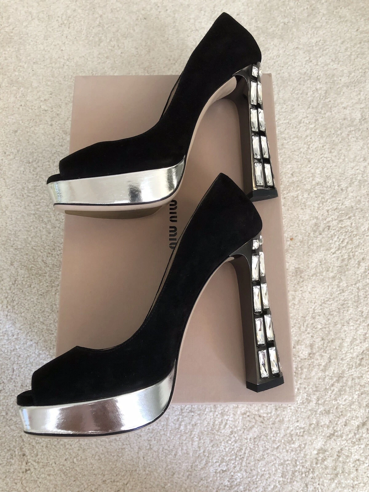 Miu Miu — NEW MIU MIU Black Suede Silver Platform Peep Toe Crystal Heel Pumps 39.  $ 1,195