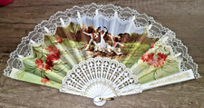 Printed fabric  white lace souvenir hand fan, Spanish Flamenco dancers