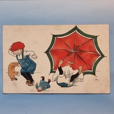Comic Postcard C1920 Children Play Toys Umbrella Bloomers Dog On Wheels Doll