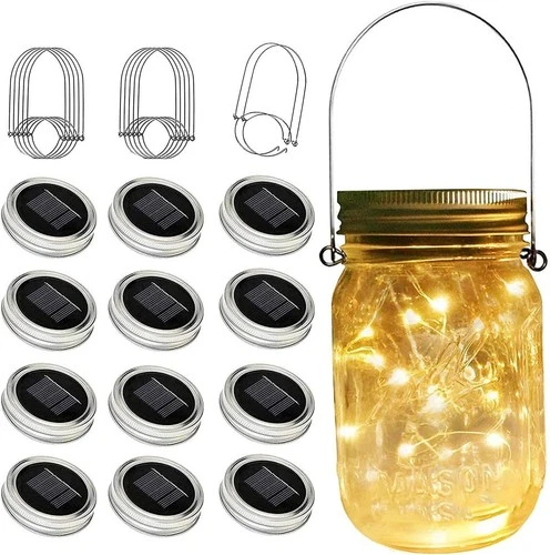 Mason 20 LED Jar Lid Lights with Hangers Solar Fairy Firefly String Garden Decor - Bild 3 von 18
