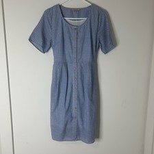 Polagram Dress Womens Medium Button Front Blue Striped Cotton Cottagecore