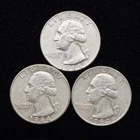 90% Silver - $0.75 FV - 3 Coins -  1964 Washington Quarter  - 15-24