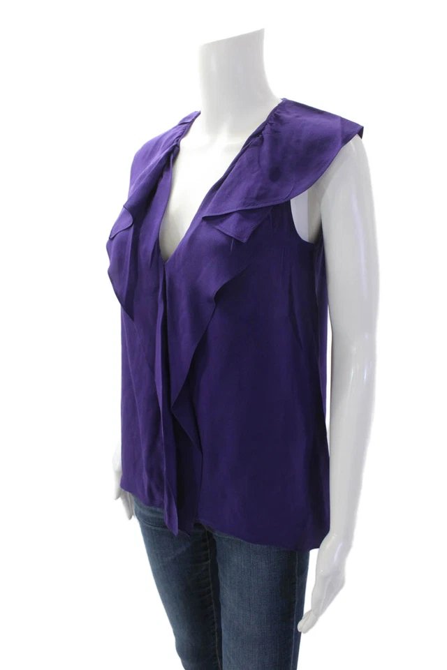 Camiseta sin mangas BCBG Max Azria para mujer con volantes cuello en V púrpura talla extra pequeña Foto 2 de 4