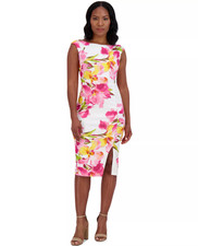 Eliza J Women Boat-neck Sleeveless Floral Print Sheath Dress White Sz 10   17208