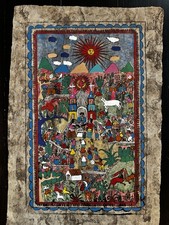 Luis Santos Mexico Folk Art AMATE Bark Painting Wedding Village 23x15 Inch