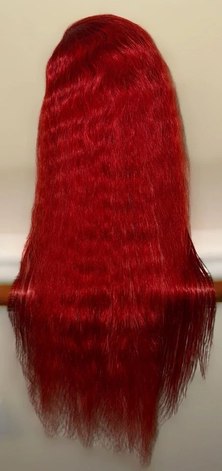 Preciosa peluca cosplay, roja brillante con reflejos rubios, onda corporal, 100 % cabello humano Foto 4 de 4