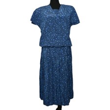 Vintage Perceptions Midi Dress Blue Geometric Pleated Elastic Small Waist 30"