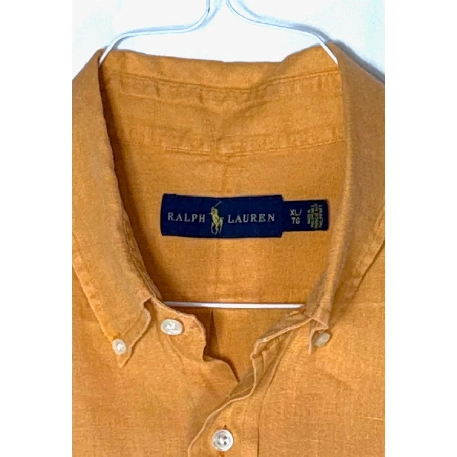 Camisa masculina Ralph Lauren XL laranja 100% linho manga curta botão para baixo casual - Imagem 4 de 4