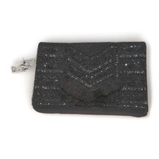 Black Beaded Sequin Clutch Bag Evening Purse w/ Chain Strap Elegant