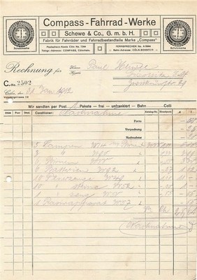 Old invoice   Compass-Fahrrad-Werke Schwerte & Co. GmbH from 31.01.1912