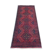 2'7"x6'3" Red All Wool Andkhoy Geometric Pattern, Hand Knotted Runner Rug R20710