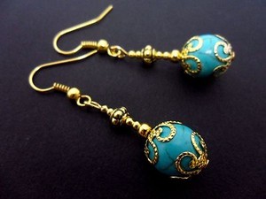 A Pair Gold Plated Dangly Turquoise Bead Earrings. .