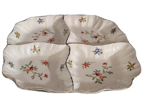 Vintage Square Scallop Edge Porcelain Divided Dish With Colorful Flowers 9.5"