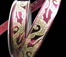 Christmas Gold Leaf Metallic Shiny Wine Red Burgundy Wired Ribbon 1/2"W x 10 Yds