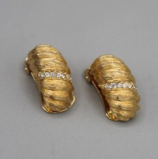 Christian Dior Earrings w/ Brushed Gold Tone  Rhinestones Clip-on 1980s