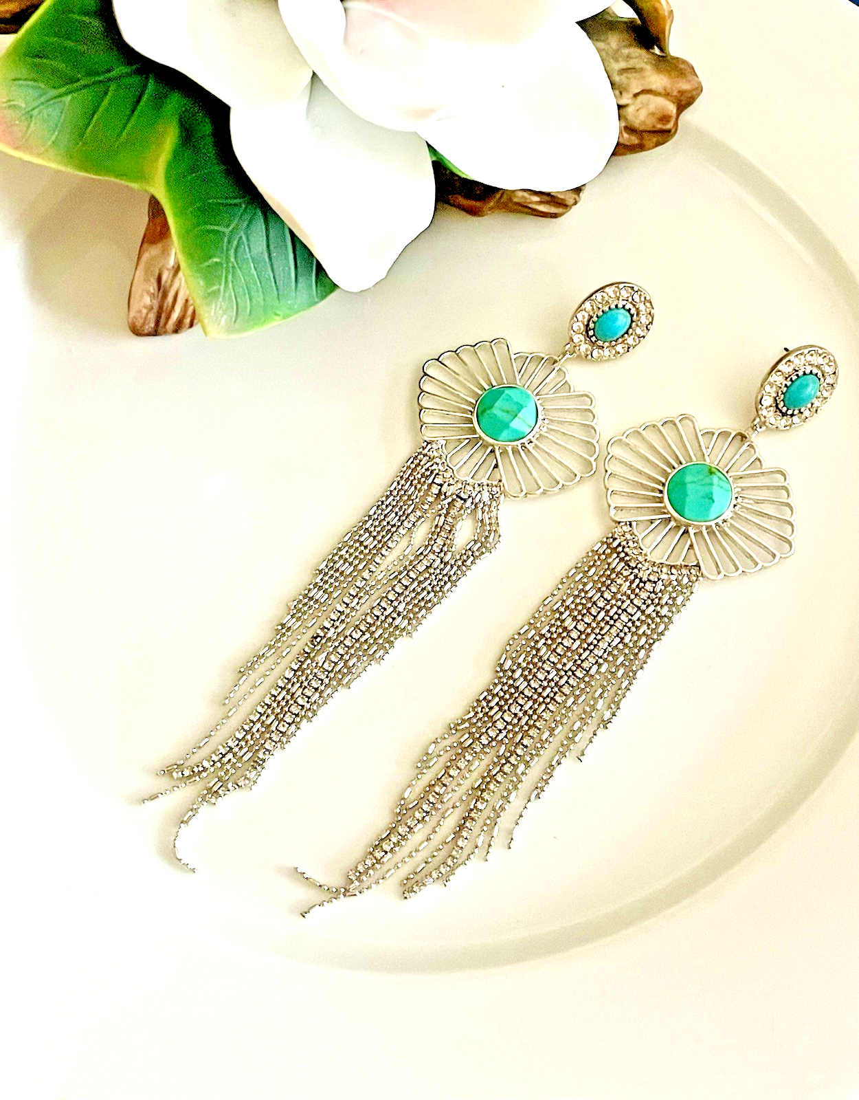 Turquoise stud earrings with long silver tassel in natural semi-precious stone-image