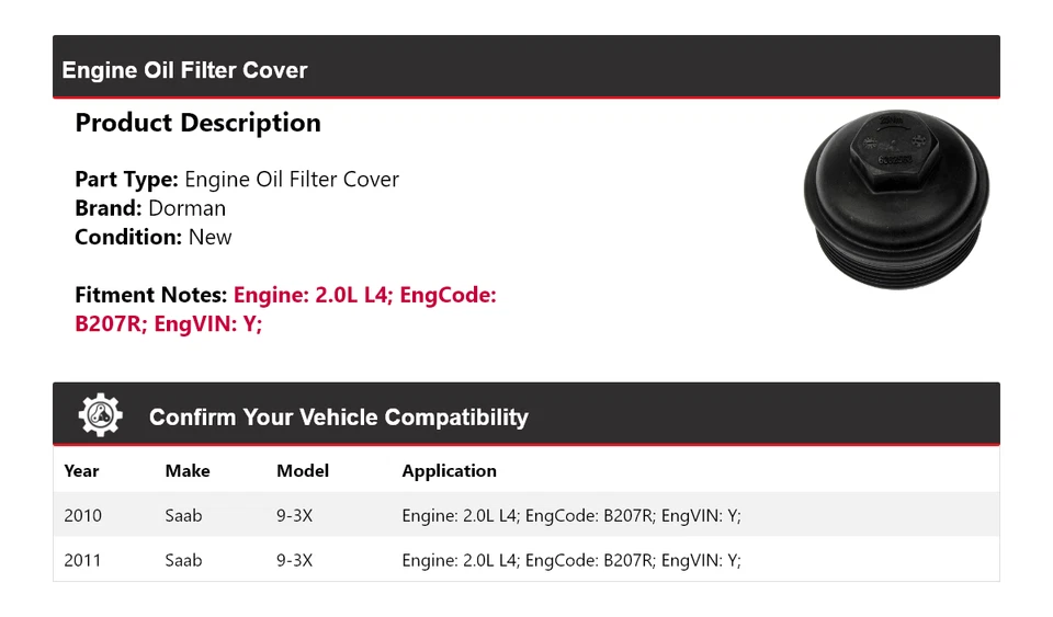 Tampa do filtro de óleo do motor Dorman Saab 9-3X 2.0L L4 2010-2011 - Imagem 2 de 4