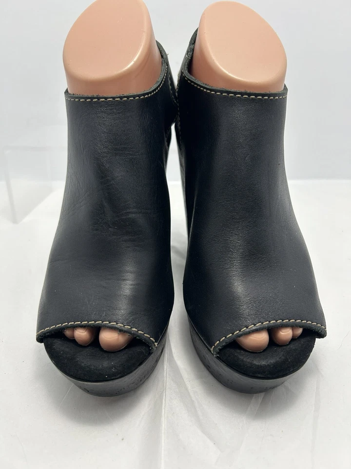 Zapatos/botines de tacón de cuña SBICCA para mujer talla 6,5 cuero negro punta abierta #O Foto 3 de 4