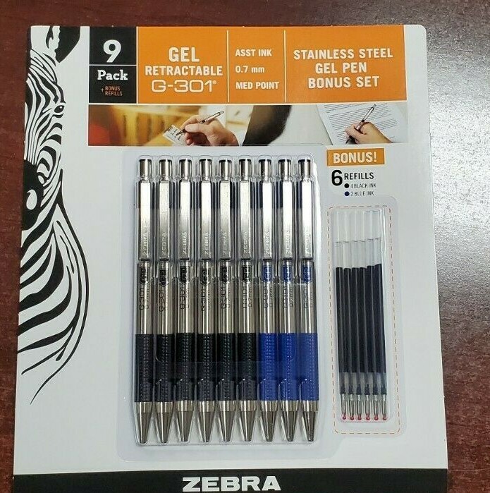 Zebra G-301 Gel Stainless Steel Retractable Pen (6 Black Blue