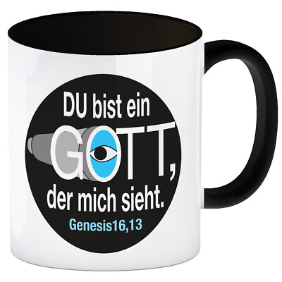 Du bist ein Gott, der mich sieht. Kaffeebecher in schwarz mit Bibel Zitat in