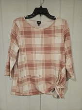 Lee Easy Pink Plaid Pullover Blouse 3/4 Sleeve Top Side Twist Womens Size Medium