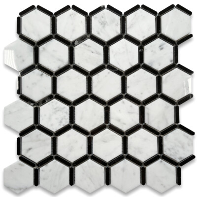 C321XP Carrara White Marble Hexagon Nero Marquina Strips Mosaic Tile Polished