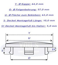 1 Nabenkappe Nabendeckel ohne Logo - Außen 64,0 Innen 57,0 mm für VW - Ronal