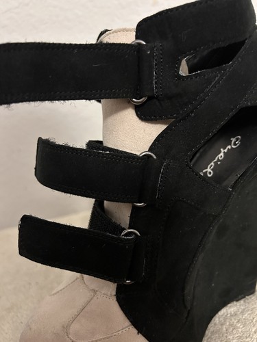 Qupid 6" Wedge Heels Shoes Size 6 Black and Biege Suede Platform Strap - Picture 14 of 22