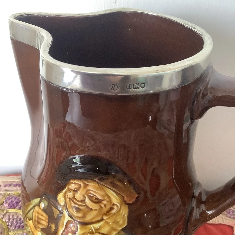 Rare Royal Doulton Kingsware Jug Silver Rim Large Size London C1907 Noke Antique - Image 3 of 4