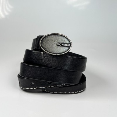 Dondup Black Leather Belt Italy Made Oval Logo Buckle 85cm Genuine Leather