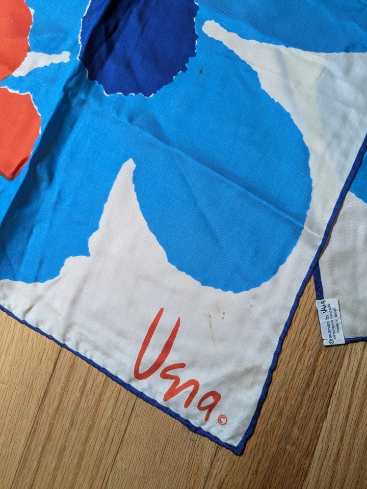 Bufanda vera vintage años 60 70 mezcla seda gráfico retro floral naranja azul 44,5" x14 Foto 2 de 4