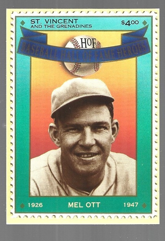 D 1992 St Vincent & The Grenadines Mel Ott Baseball HOF Postage Card #7 NRMT