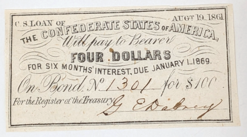 1861 CSA Confederate States of America $4 Dollar Civil War Bond Coupon Receipt