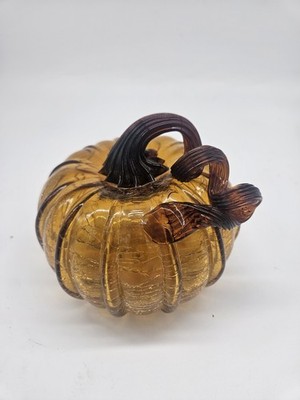Pier 1 Fall Decor Pumpkin Crackle Glass Hand Blown Amber w/ Brown Swirl Stem 