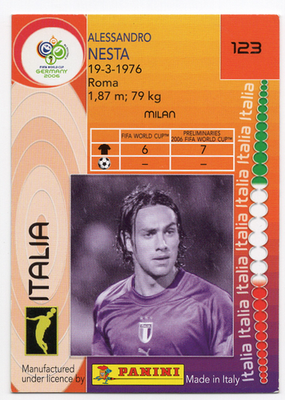 123. Alessandro Nesta (Italy) Panini FIFA World Cup Germany 2006