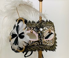 Venetian Mask - Black, Pink Gold w/ Feathers Made in Italy