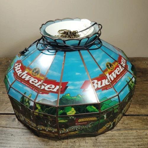 Budweiser Clydesdale Horses Wagon Bar Hanging Light Beer Tested Works Vintage