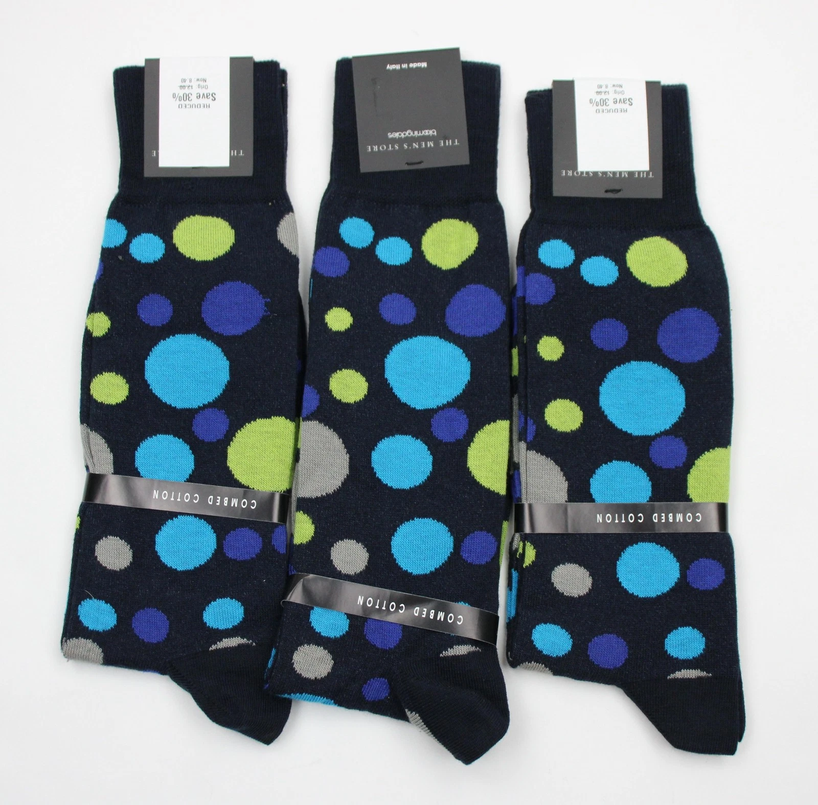 The Men's Store Socks Mens 10-13 Blue Polka Dot Dress Mid Calf 3 Pair Made Italy