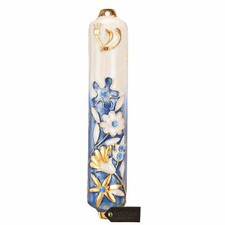 Hand Painted 5" Blue and Ivory Enamel Flower Mezuzah w/ Gold Accents Crystals