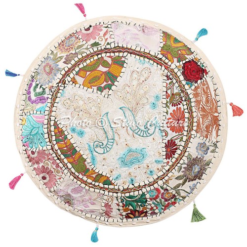 Ethnic Round Pouf Cover Patchwork Embroidered Soft Ottoman Pouffe Bohemian 22" - Picture 3 of 3