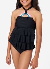 JUSTICE Girls Swimsuit Tankini Bikini Ruffle Swim 5 8 12 14 16 18 Rainbow Black
