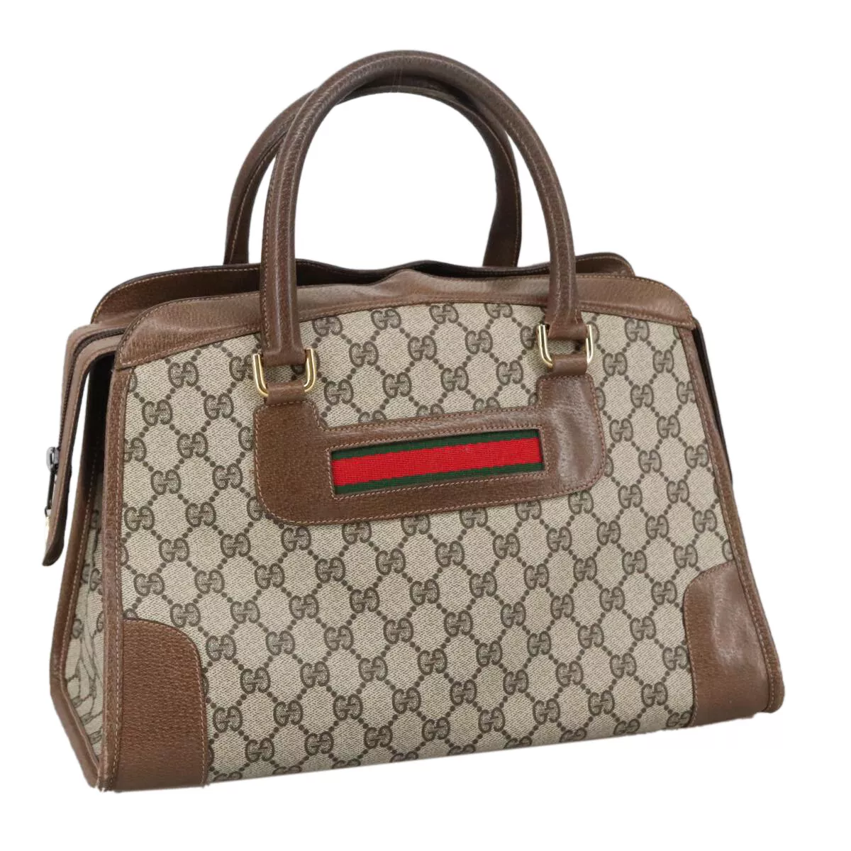 Sac à main GUCCI GG Supreme Web Sherry Line PVC cuir beige or authentique 103318