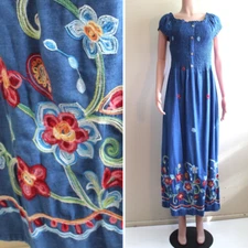 Kindred Prairie Maxi Dress XL Elastic Bust Embroidery Skirt Cap Sleeve Retro 70s