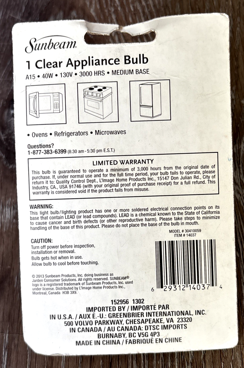 Sunbeam Clear Appliance Bulb A15 130V Medium Base Oven/Fridge